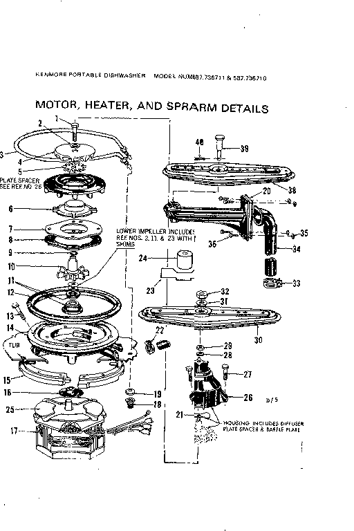 Kenmore 587736710 motor heater andspray arm details diagram