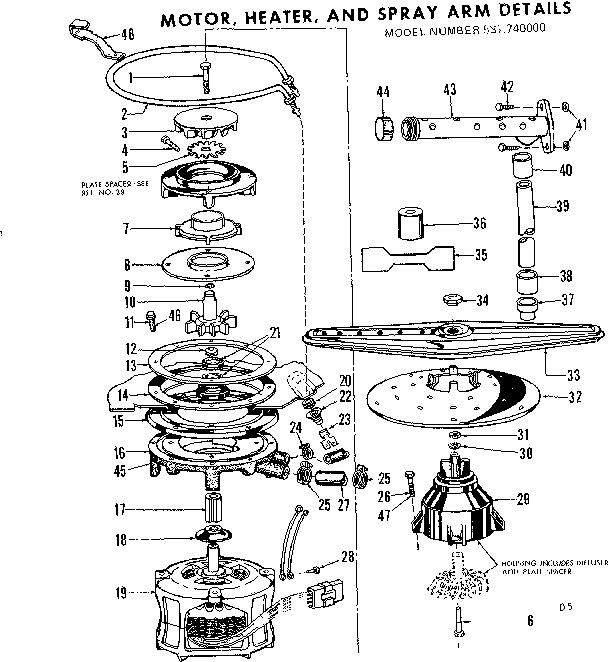 Kenmore 587740000 motor, heater & spray arm details diagram