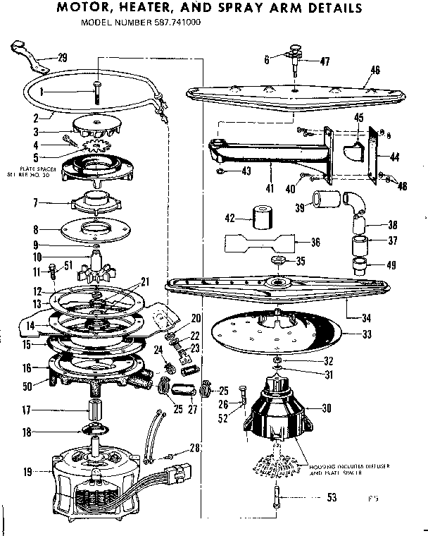 Kenmore 587741000 motor, heater, and spray arm details diagram