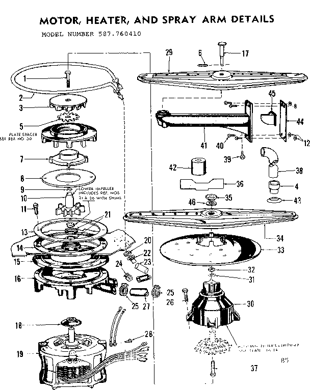 Kenmore 587760410 motor, heater and spray arm details diagram