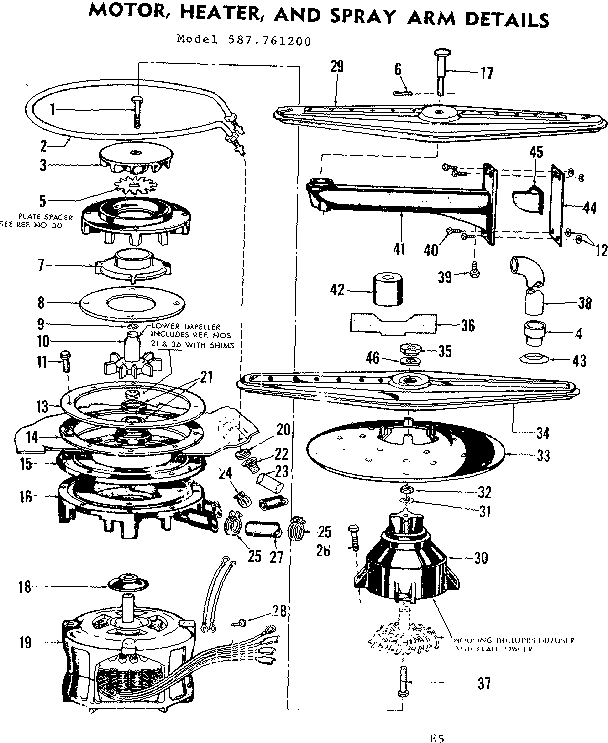Kenmore 587761200 motor, heater and spray arm details diagram