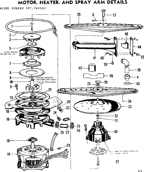 Kenmore 587761203 motor, heater, and sprayer arm detail diagram
