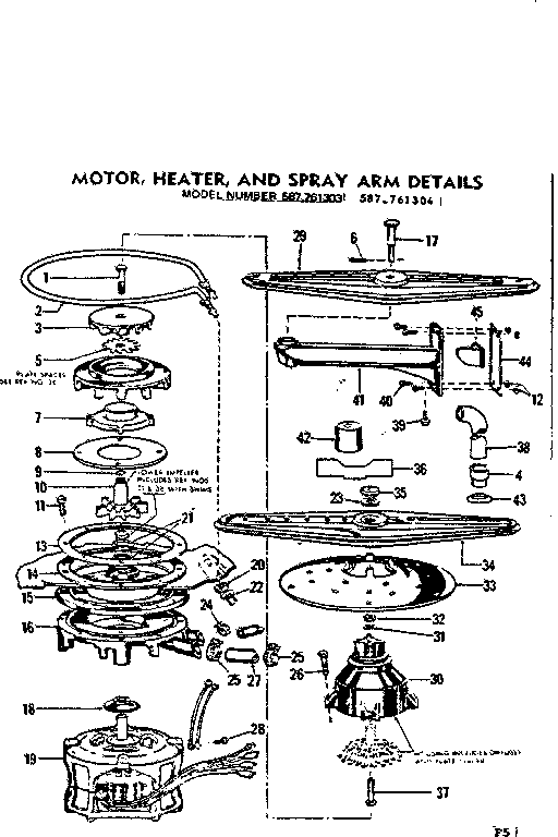 Kenmore 587761304 motor, heater, and spray arm diagram