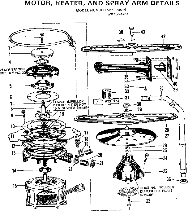 Kenmore 587770513 motor, heater, and spray arm details diagram