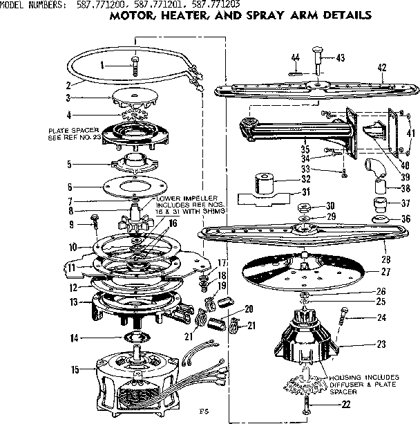 Kenmore 587771203 motor, heater, & spray arm details diagram