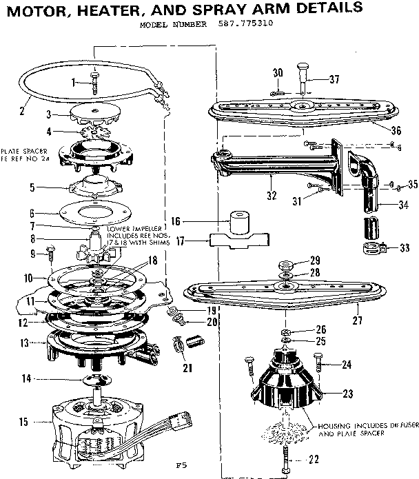 Kenmore 587775310 motor, heater, and spray arm details diagram