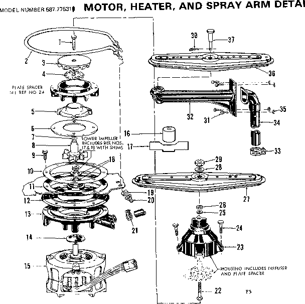 Kenmore 587775311 motor, heater, and spray arm details diagram