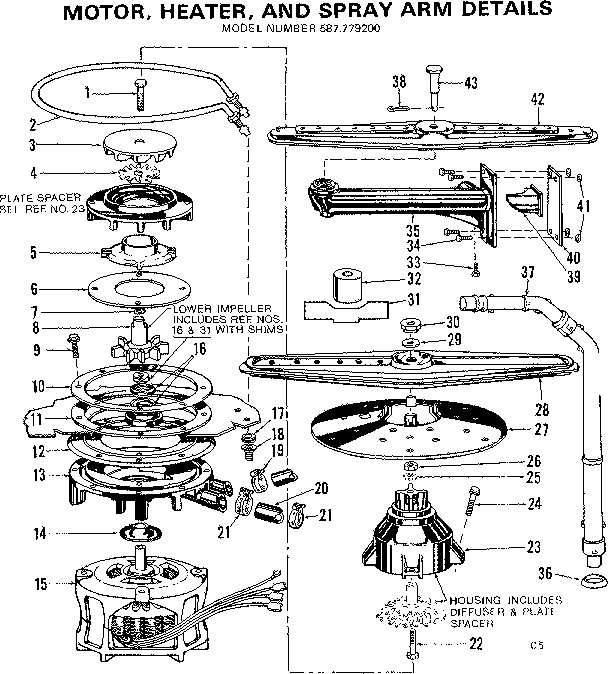 Kenmore 587779200 motor, heater, and spray arm details diagram