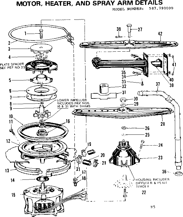 Kenmore 587790000 motor, heater & spray arm diagram