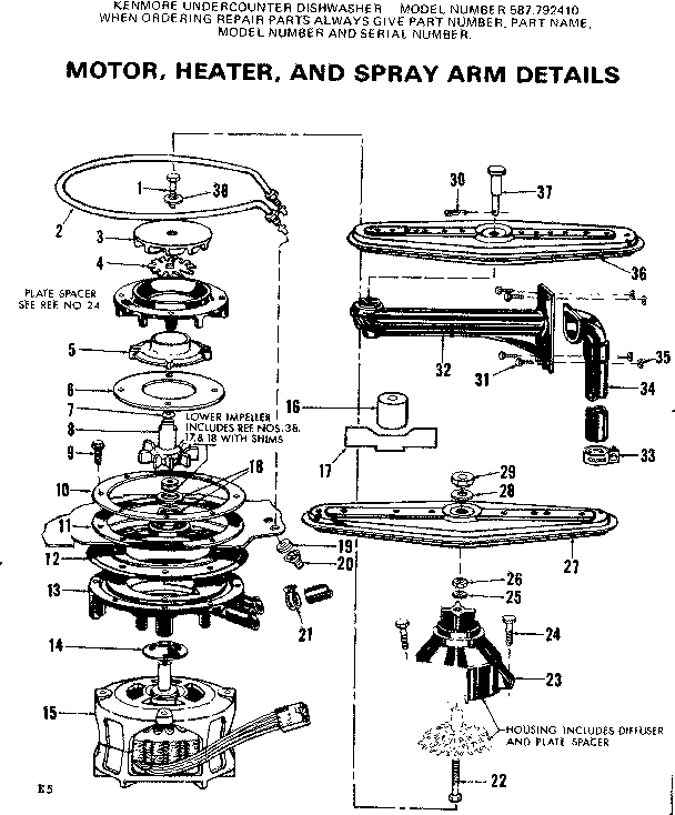 Kenmore 587792410 motor heater and spray arm details diagram