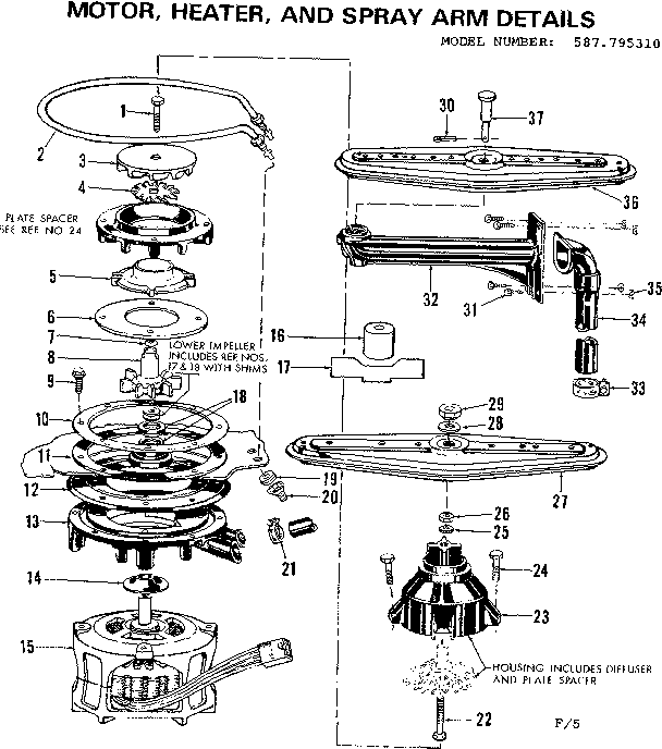 Kenmore 587795310 motor heater and spray arm details diagram