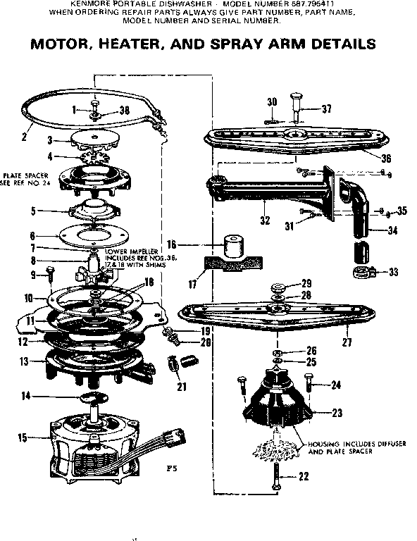 Kenmore 587795411 motor heater and spray arm details diagram