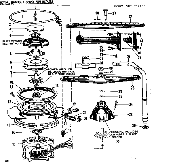 Kenmore 587797100 motor, heater & spray arm details diagram