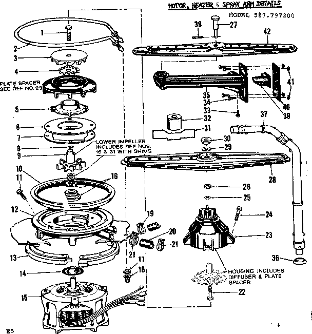 Kenmore 587797200 motor, heater & spray arm details diagram
