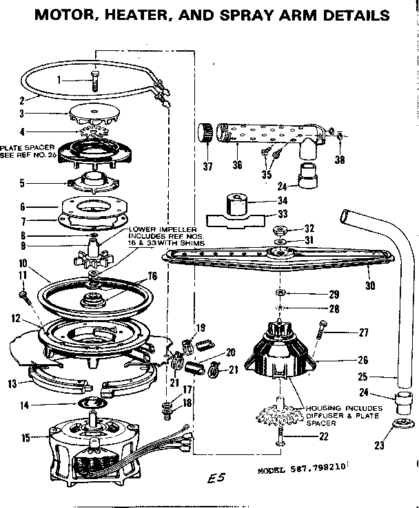 Kenmore 587798210 motor, heater & spray arm details diagram