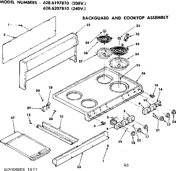 Kenmore 6286197810 backguard and cooktop assembly diagram