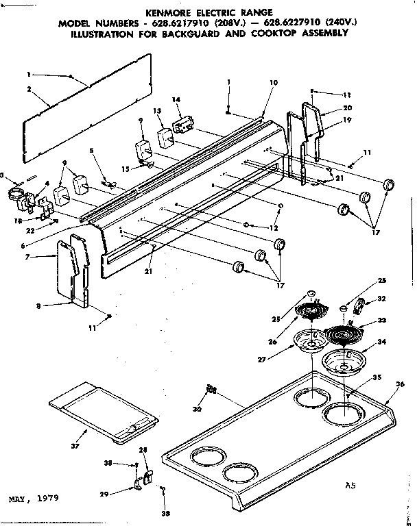 Kenmore 6286227910 backguard and cooktop assembly diagram