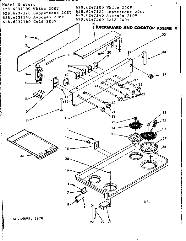 Kenmore 6286237160 backguard and cooktop assembly diagram