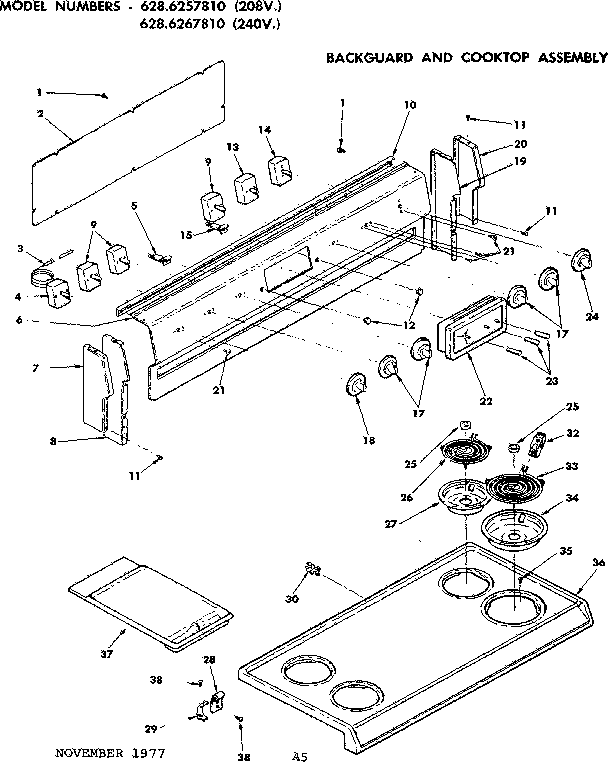 Kenmore 6286257810 backguard and cooktop assembly diagram