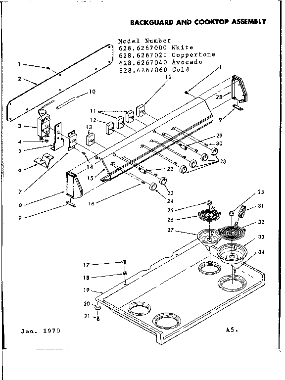 Kenmore 6286267040 backguard and cooktop assembly diagram