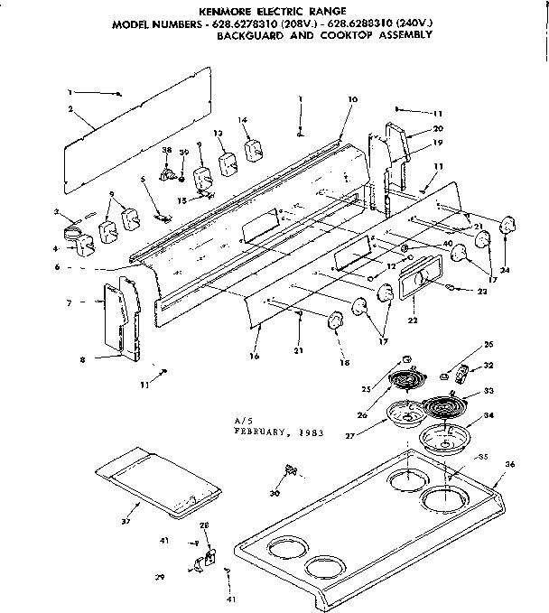 Kenmore 6286278310 backguard and cooktop assembly diagram