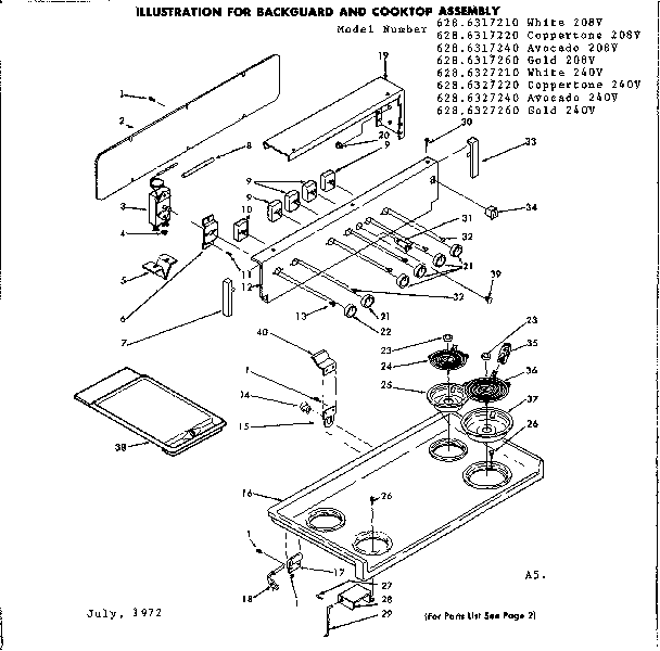 Kenmore 6286317210 backguard and cooktop assembly diagram