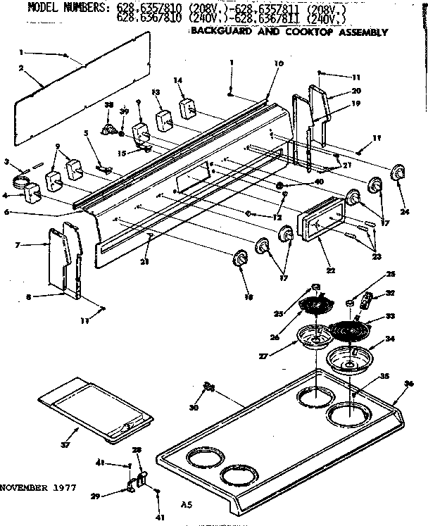 Kenmore 6286357811 backguard and cooktop assembly diagram