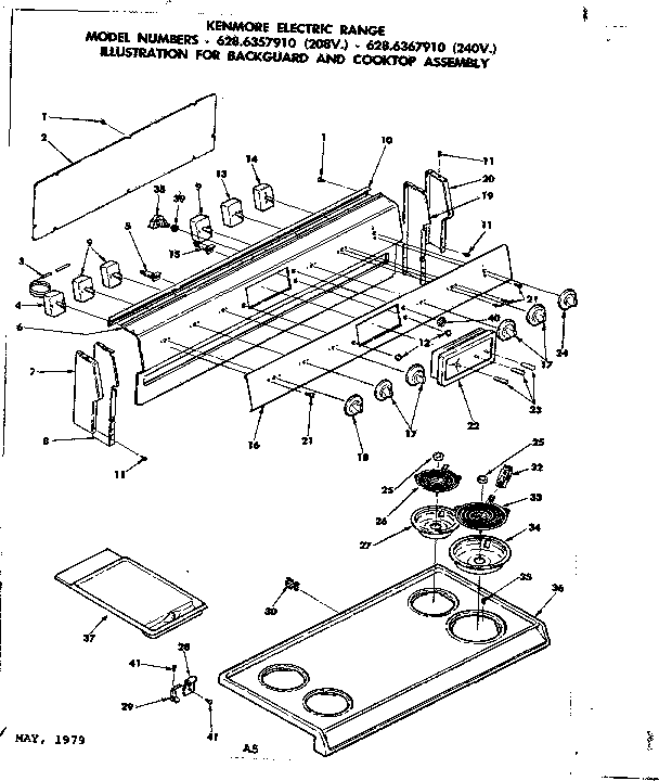 Kenmore 6286357910 backguard and cooktop assembly diagram