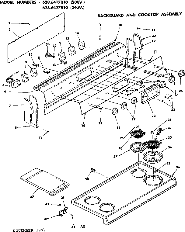 Kenmore 6286417810 backguard and cooktop assembly diagram