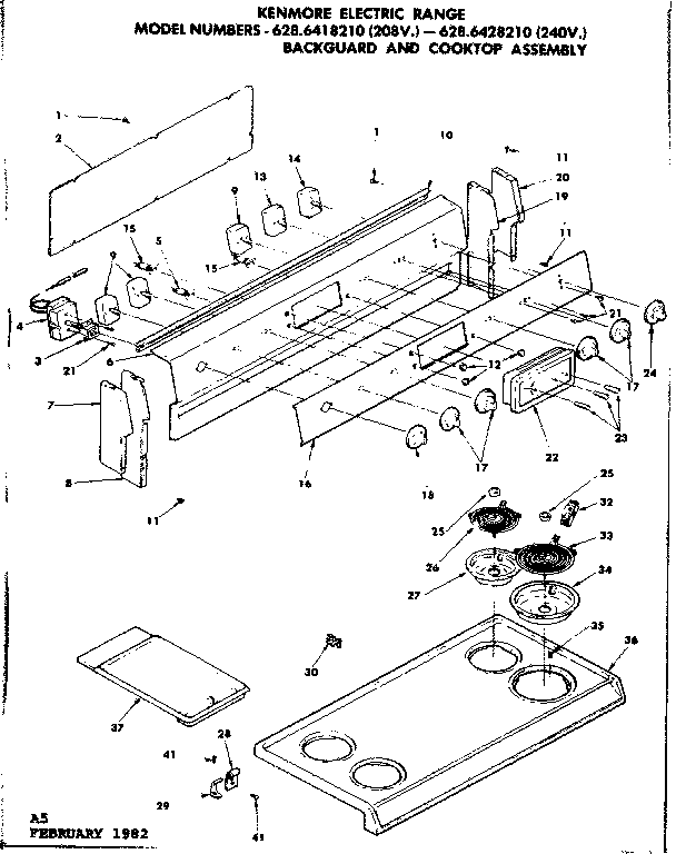 Kenmore 6286428210 backguard and cooktop assembly diagram
