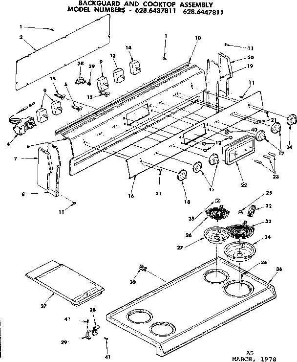 Kenmore 6286437811 backguard and cooktop assembly diagram