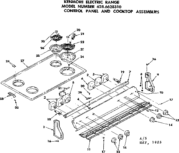 Kenmore 6286628310 control panel and cooktop assemblies diagram