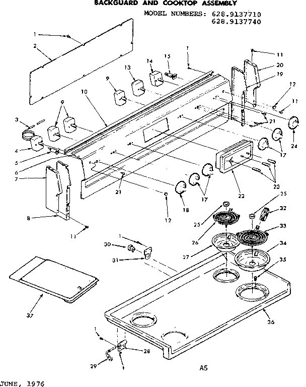 Kenmore 6289137740 backguard and cooktop assembly diagram