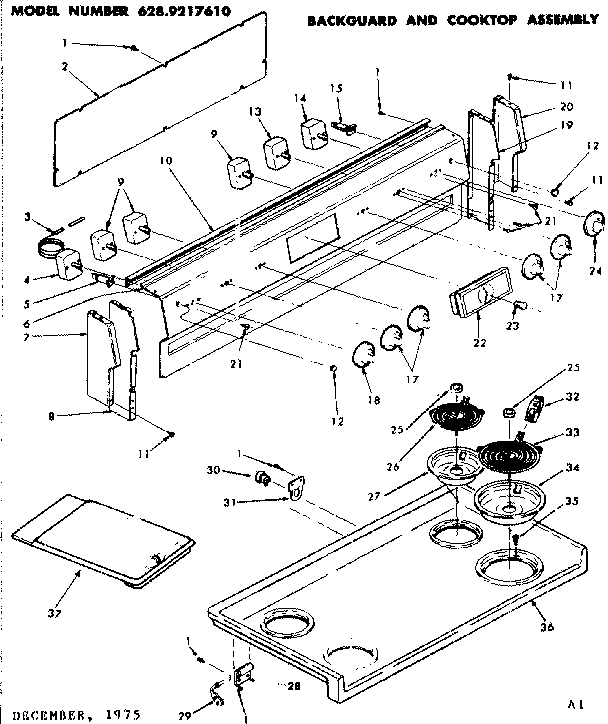 Kenmore 6289217610 backguard and cooktop assembly diagram