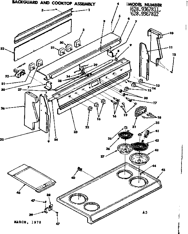 Kenmore 6289367812 backguard and cooktop assembly diagram