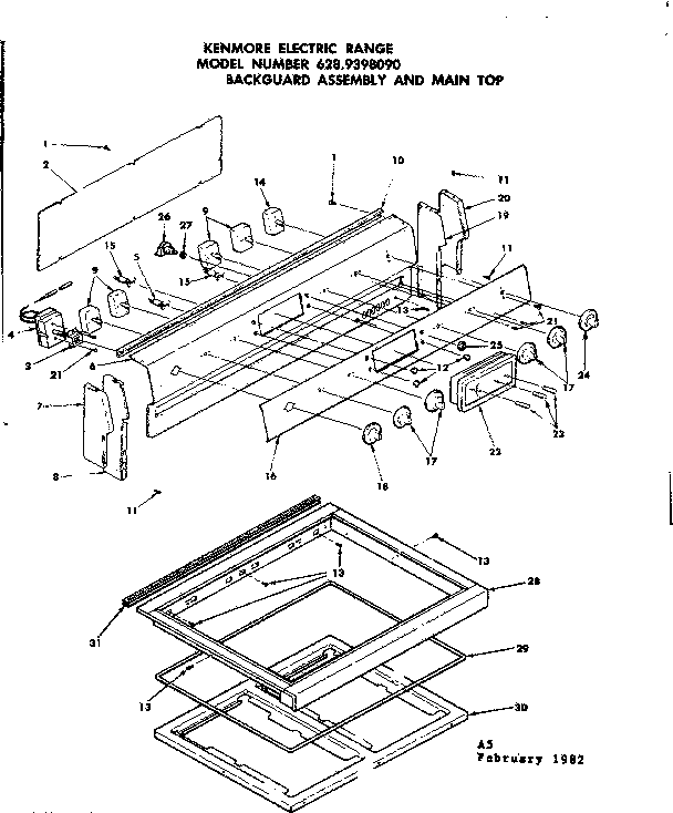 Kenmore 6289398090 backguard assembly and main top diagram
