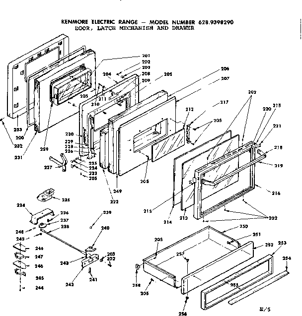 Kenmore 6289398290 door latch mechanism and drawer diagram