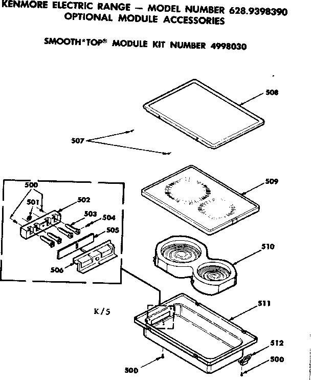 Kenmore 6289398390 optional smooth top module kit no. 4998030 diagram