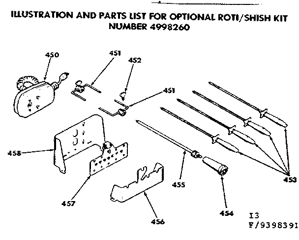 Kenmore 6289398391 optional roti/shish kit number 4998260 diagram