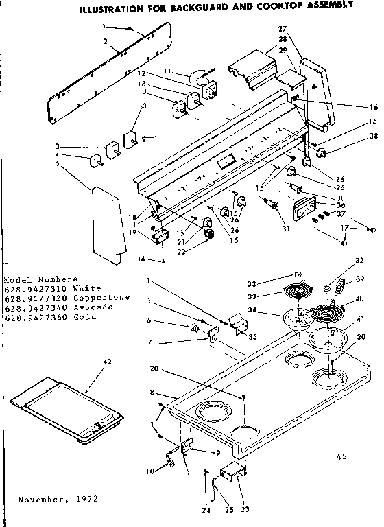 Kenmore 6289427310 backguard and cooktop assembly diagram