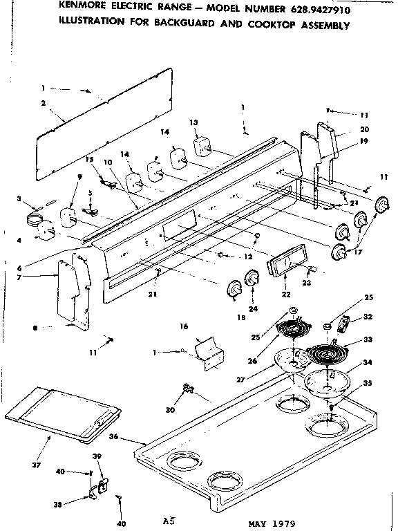 Kenmore 6289427910 backguard and cooktop assembly diagram