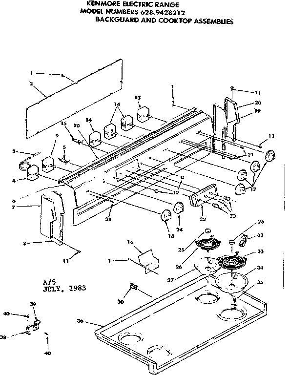 Kenmore 6289428212 backguard and cooktop assemblies diagram
