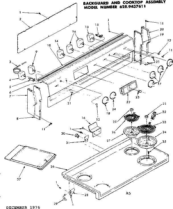Kenmore 6289437611 backguard and cooktop assembly diagram