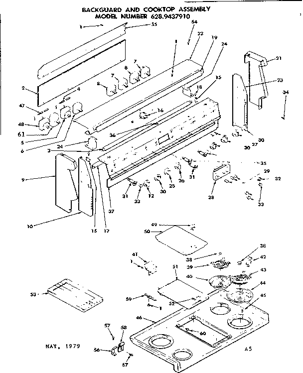 Kenmore 6289437910 backguard and cooktop assembly diagram