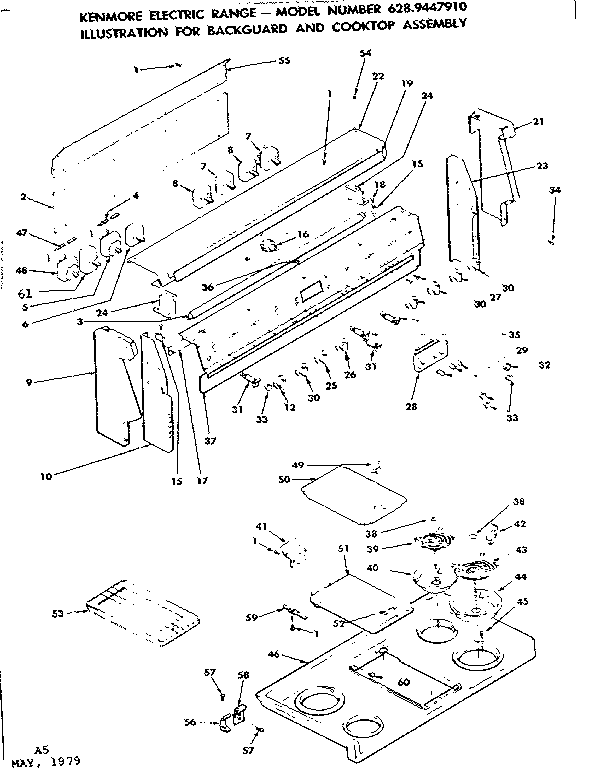 Kenmore 6289447910 backguard and cooktop assembly diagram
