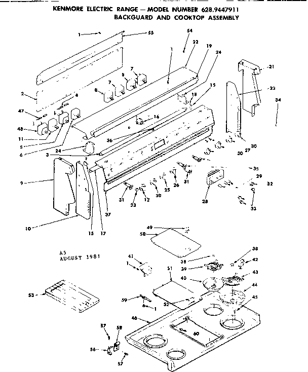 Kenmore 6289447911 backguard and cooktop assembly diagram