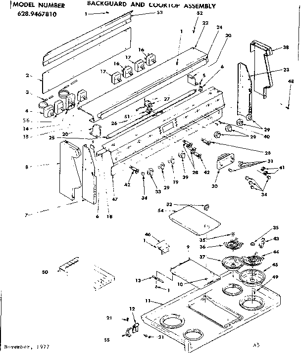 Kenmore 6289467810 backguard and cooktop assembly diagram