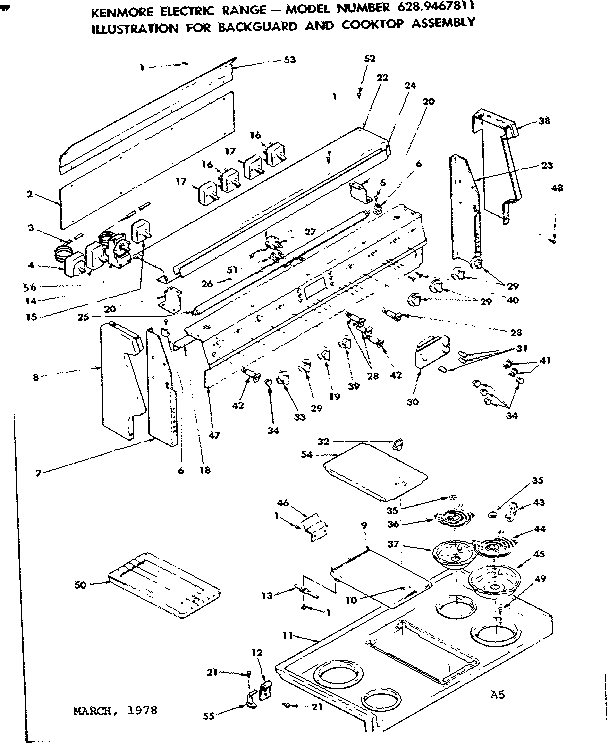 Kenmore 6289467811 backguard and cooktop assembly diagram