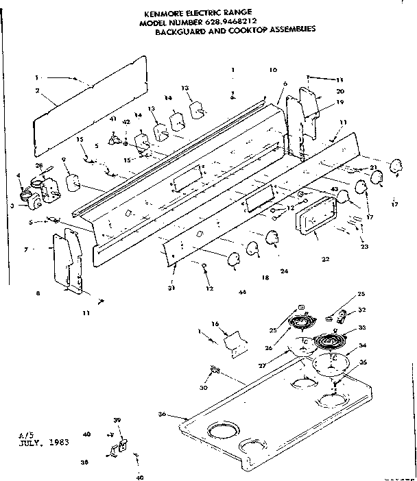 Kenmore 6289468212 backguard and cooktop assemblies diagram