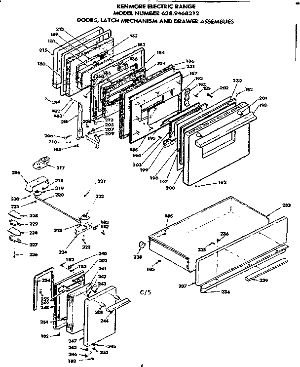 Kenmore 6289468212 doors, latch mechanism and drawer assemblies diagram